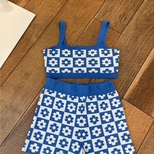 Blue and White Floral Crop Top and Shorts Set